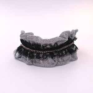 A&M Silver Mesh and Black Lace Bracelet with Chain